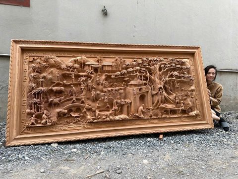 Tranh Gỗ Đồng Quê Siêu Kỹ Kích Thước 265*125*10 Gỗ Gõ Đỏ