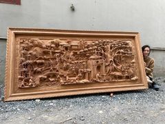 Tranh Gỗ Đồng Quê Siêu Kỹ Kích Thước 265*125*10 Gỗ Gõ Đỏ