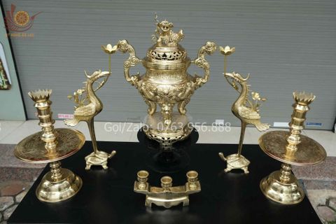 Bộ Ngũ Sự Bằng Đồng Cát Tút  Song Long Chầu Nguyệt Cao 50 Catut + Bộ Ngai Chén