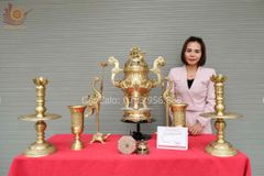 Bộ Ngũ Sự Bằng Đồng Vàng Cao 60 Rồng Vàng Mộc + Ống Hương 29