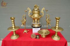 Bộ Ngũ Sự Bằng Đồng Vàng Cao 60 Rồng Vàng Mộc +Mâm bồng 30cm