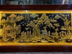 Tranh Vinh Quy Bái Tổ  Kích Thước 230 x120  Đồng Vàng Nền Đen Dát Vàng - Khung Sồi Đục Trơn