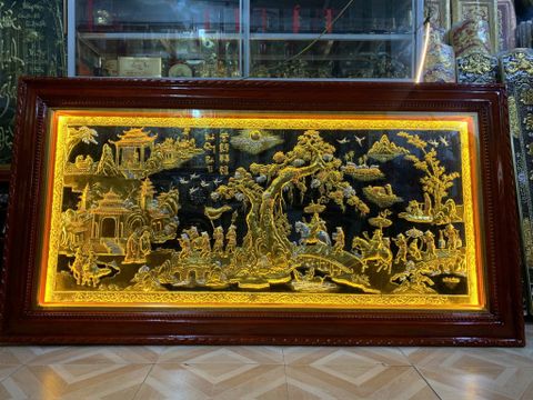 Tranh Vinh Quy Bái Tổ  Kích Thước 230 x120  Đồng Vàng Nền Đen Dát Vàng - Khung Sồi Đục Trơn