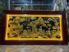 Tranh Vinh Quy Bái Tổ  Kích Thước 230 x120  Đồng Vàng Nền Đen Dát Vàng - Khung Sồi Đục Trơn