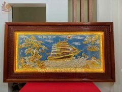 Tranh Thuận Buồm Xuôi Gió Kích Thước 243x 133  Đồng Vàng Nền Xanh Dát Vàng - Khung Sồi