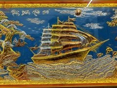 Tranh Thuận Buồm Xuôi Gió Kích Thước 243x 133  Đồng Vàng Nền Xanh Dát Vàng - Khung Sồi