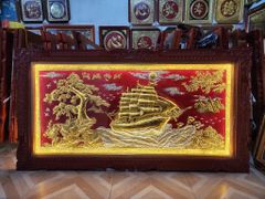 Tranh Thuận Buồm Xuôi Gió Kích Thước 170 x90  Đồng Vàng Nền Đỏ Dát  - Khung Sồi Đục Trơn