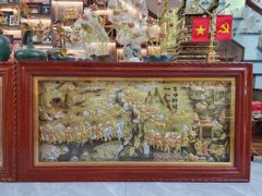 Tranh Vinh Quy Bái Tổ Kích Thước 155 x 80 Cm Nền Vàng Cạo Xước- Khung Gỗ Hương Đá - Dát Vàng 24k