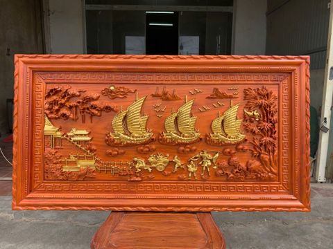 Tranh Gỗ Thuận Buồm Xuôi Gió - Gỗ Hương Đỏ - Kích Thước 127*67- Hai Khung, Dày 4cm
