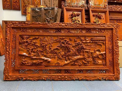 Tranh Gỗ Đồng Quê - Gỗ Hương Đỏ  - Khung Hoa Tây