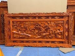 Tranh Gỗ Đồng Quê - Gỗ Hương Đỏ  - Khung Hoa Tây