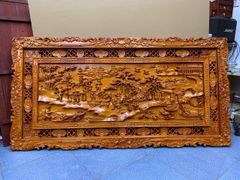 Tranh Gỗ Đồng Quê - Gỗ Hương Đỏ  - Khung Hoa Tây
