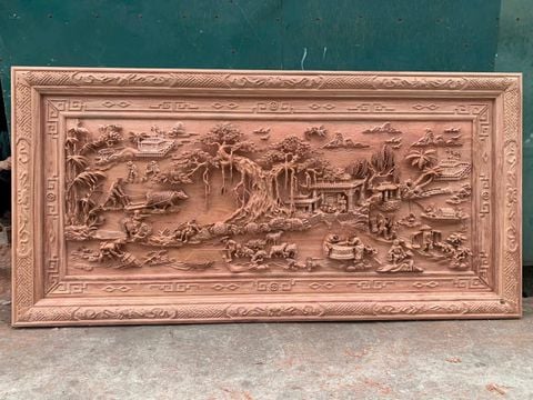 Tranh Gỗ Đồng Quê - Gỗ Hương Đá  - Khung Hoa Văn - Đục Tay- Dày 6cm