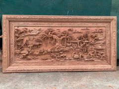 Tranh Gỗ Đồng Quê - Gỗ Hương Đá  - Khung Hoa Văn - Đục Tay- Dày 6cm