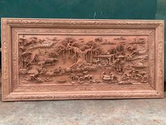Tranh Gỗ Đồng Quê - Gỗ Hương Đá  - Khung Hoa Văn - Đục Tay- Dày 6cm