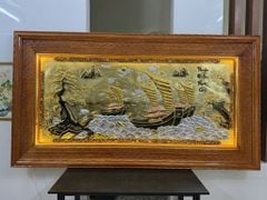 Tranh Thuận Buồm Xuôi Gió 3 Con Thuyền Kích Thước 243 x 133 - Khung Đục Triện Hoa Văn