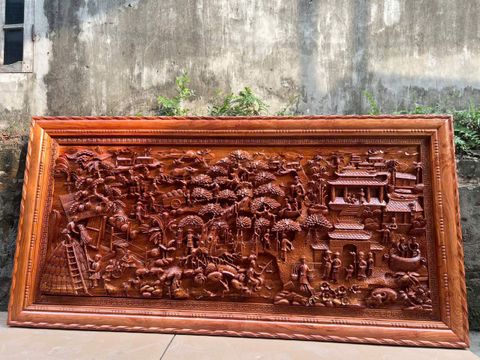 Tranh Gỗ Đồng Quê - Gỗ Hương Đá  - Khung Trơn- Kích Thước 237 x117 x 8
