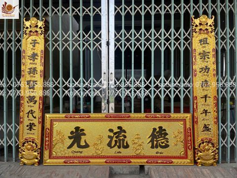 Hoành Phi Câu Đối Gỗ Quang Lưu Đức Dát Vàng Kích Thước Hoành Phi 197*69*4 - Câu Đối nguyên tấm Gỗ Hương Đỏ