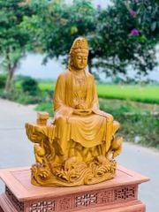 Tượng Phật Gỗ Quán âm tự tại  Gỗ gõ vàng Kt c60n40s20  Trạm sắc nét