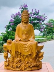 Tượng Phật Gỗ Quán âm tự tại  Gỗ gõ vàng Kt c60n40s20  Trạm sắc nét