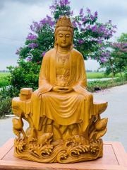 Tượng Phật Gỗ Quán âm tự tại  Gỗ gõ vàng Kt c60n40s20  Trạm sắc nét