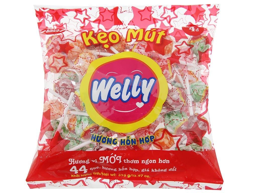  Kẹo Mút Welly Cam - Dâu - Ổi - Cola Bibica 396g 