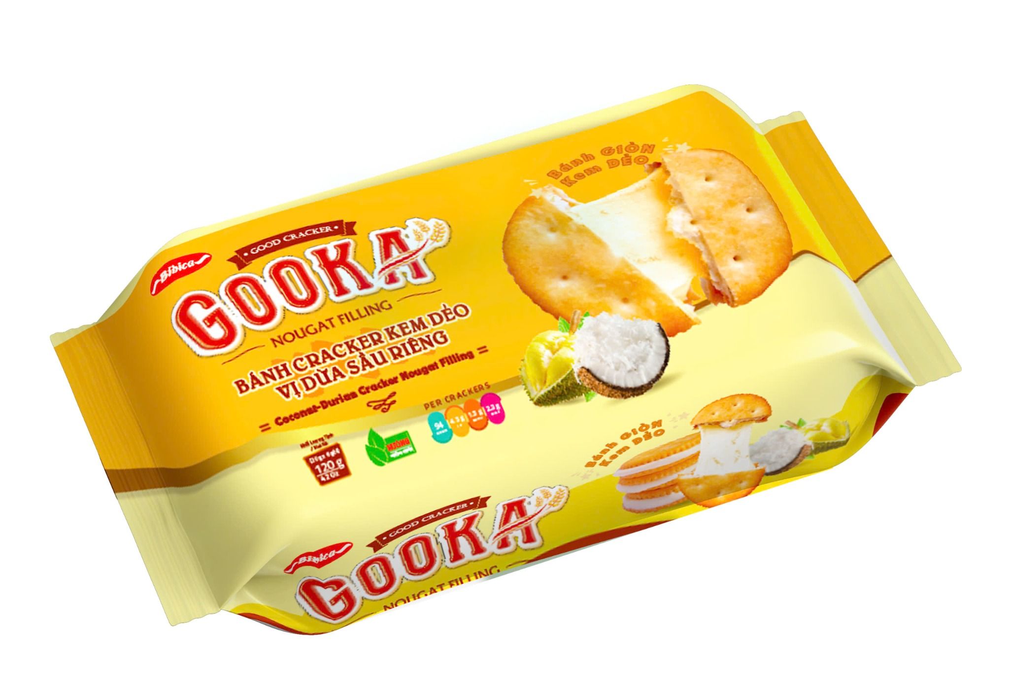  BÁNH CRACKER KEM DẺO VỊ DỪA - SẦU RIÊNG GOOKA NOUGAT FILLING BIBICA 120G 