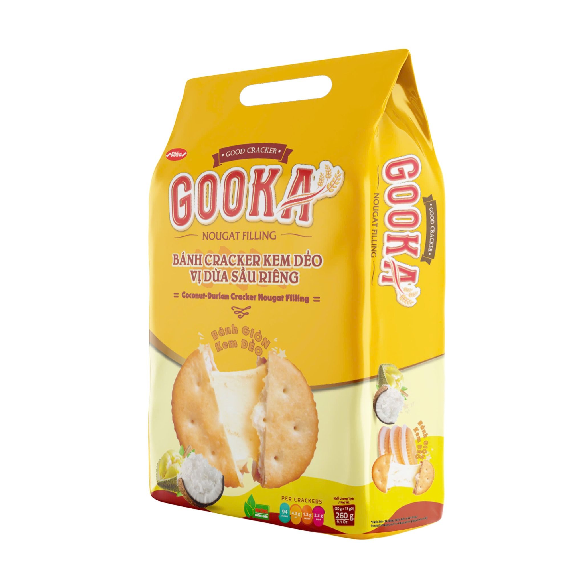  BÁNH CRACKER KEM DẺO VỊ DỪA - SẦU RIÊNG GOOKA NOUGAT FILLING BIBICA 260G 