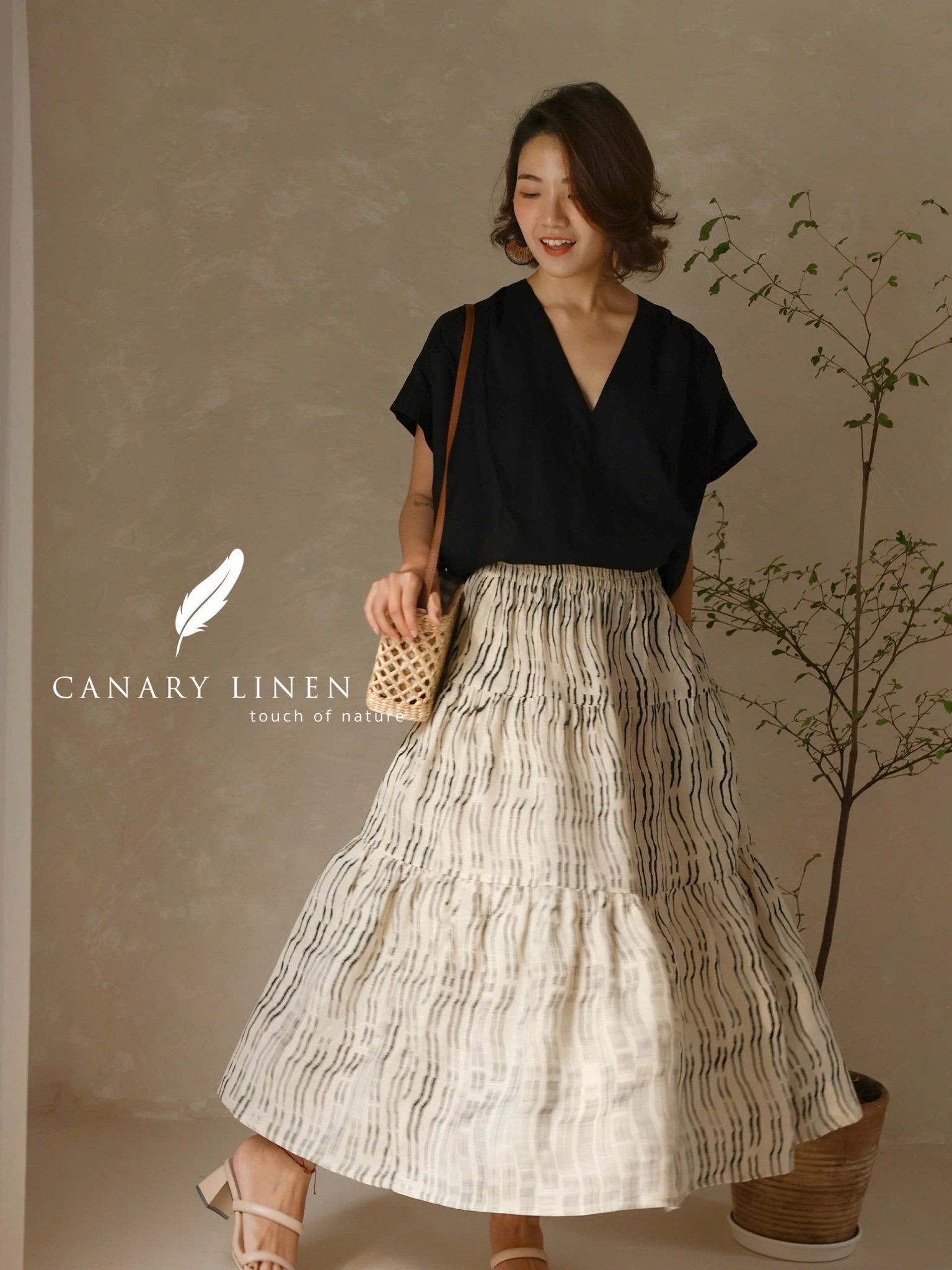  Tiered Maxi Skirt - Họa tiết kem - Freesize 