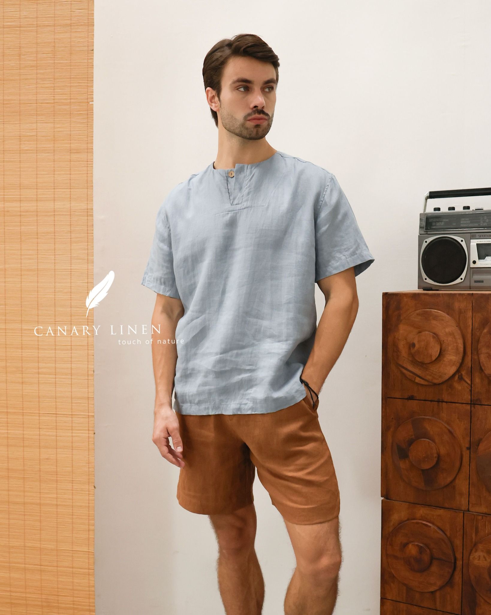 Áo cổ tròn mổ trụ 1 nút tay ngắn - Xanh xám 