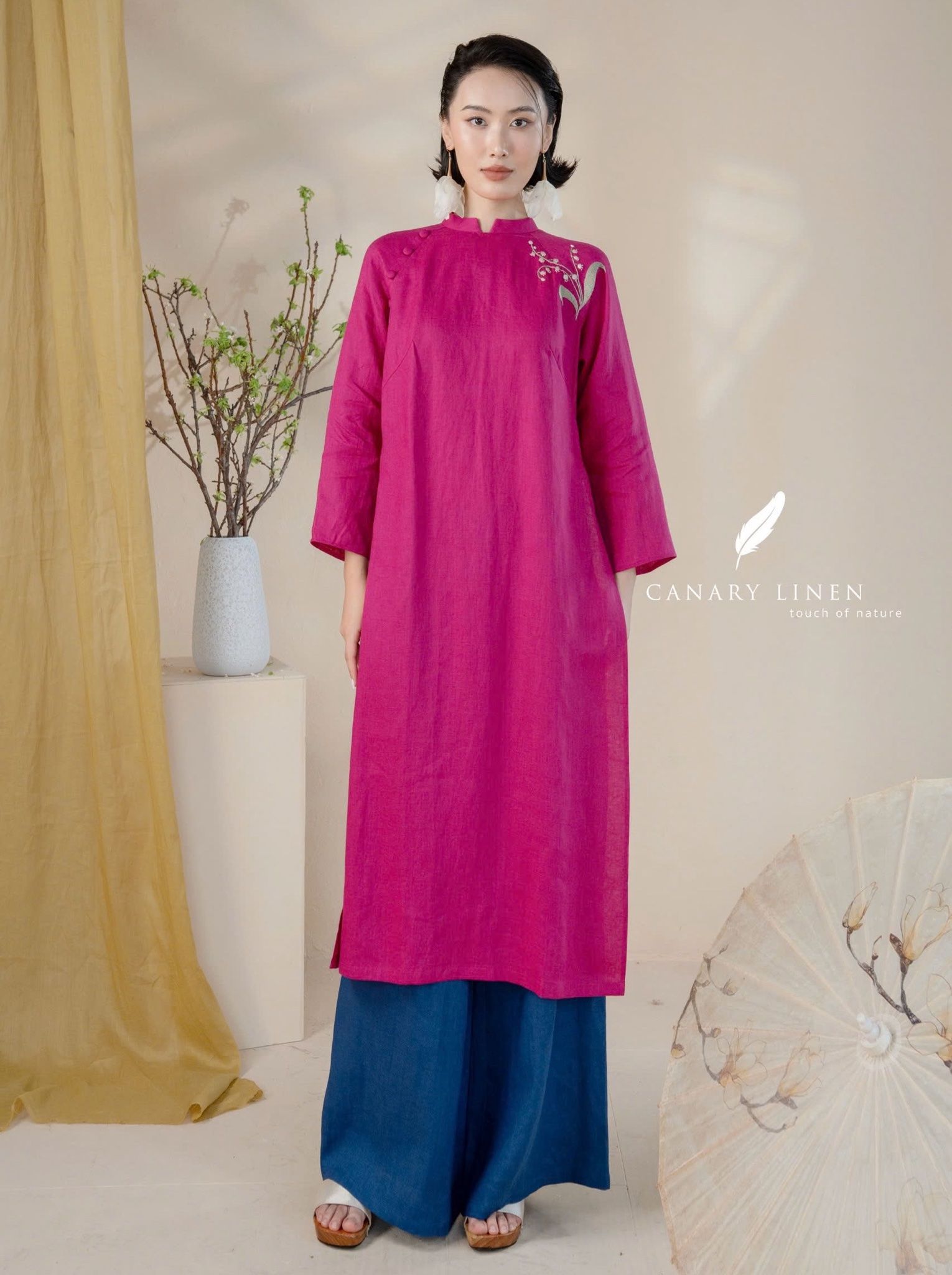  Áo dài cổ trụ - Hoa Linh Lan 