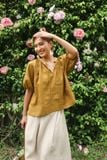  Áo cổ V cột nơ - Vàng cỏ úa 