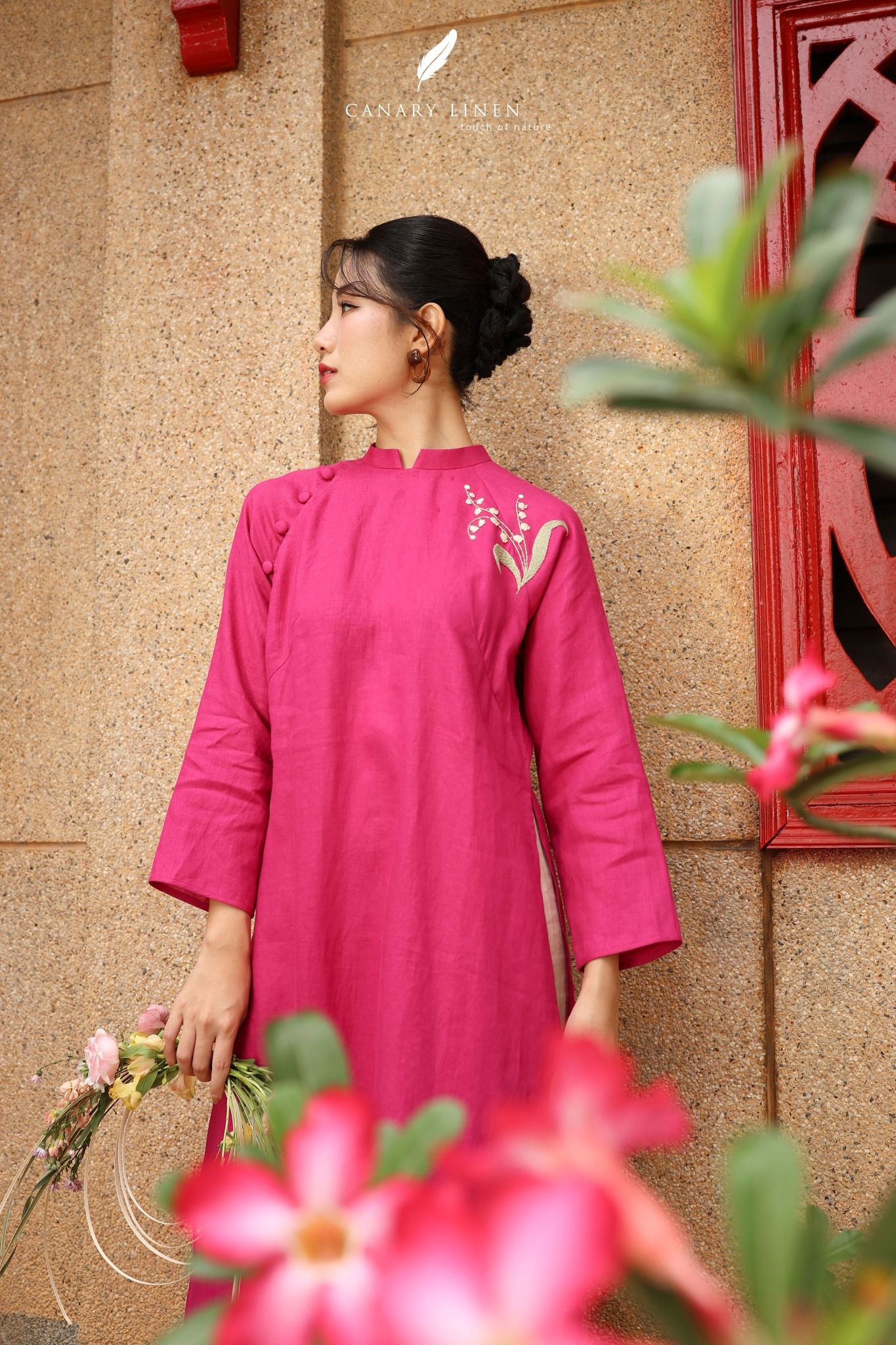  Áo dài cổ trụ - Hoa Linh Lan 