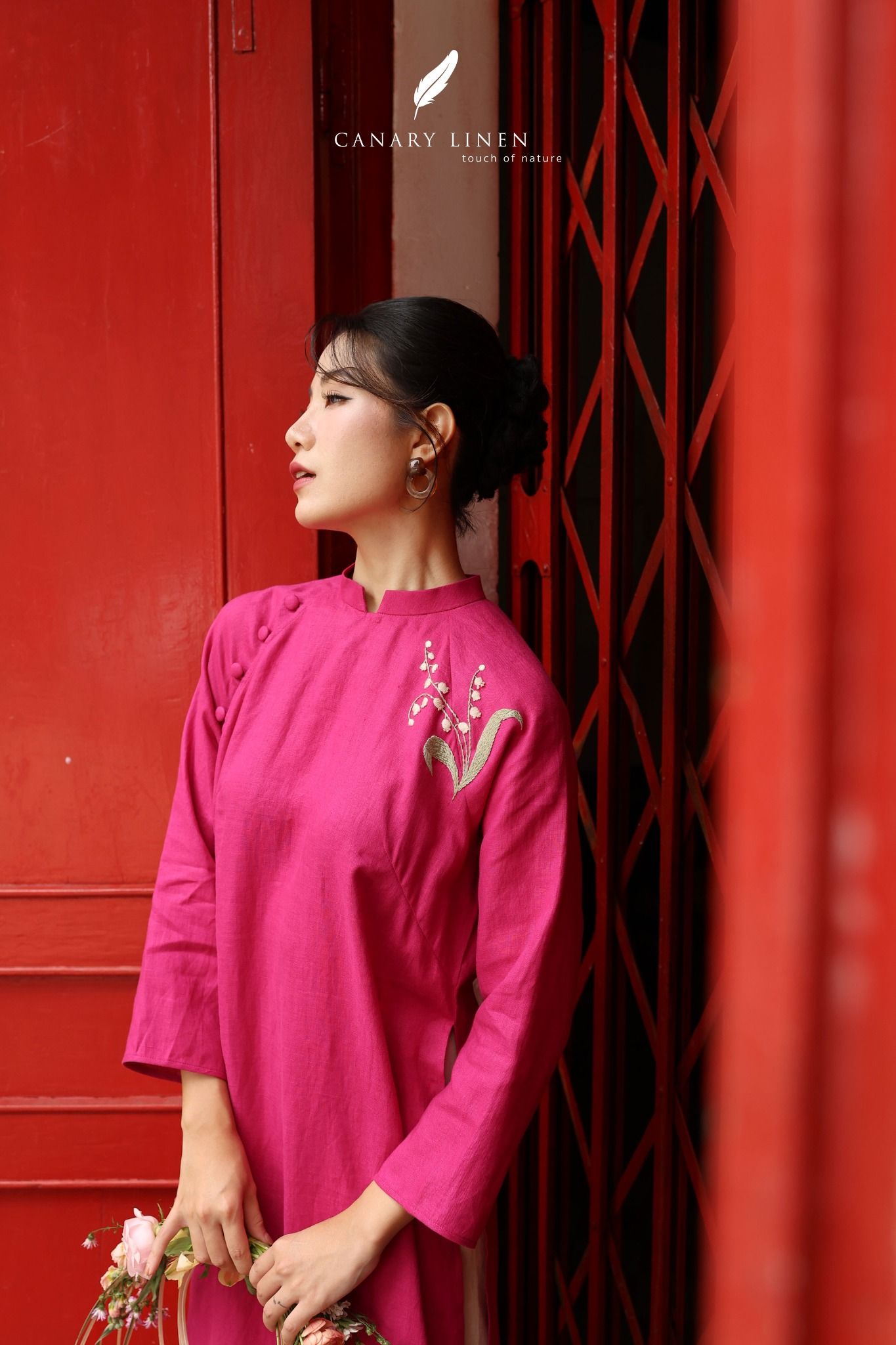  Áo dài cổ trụ - Hoa Linh Lan 