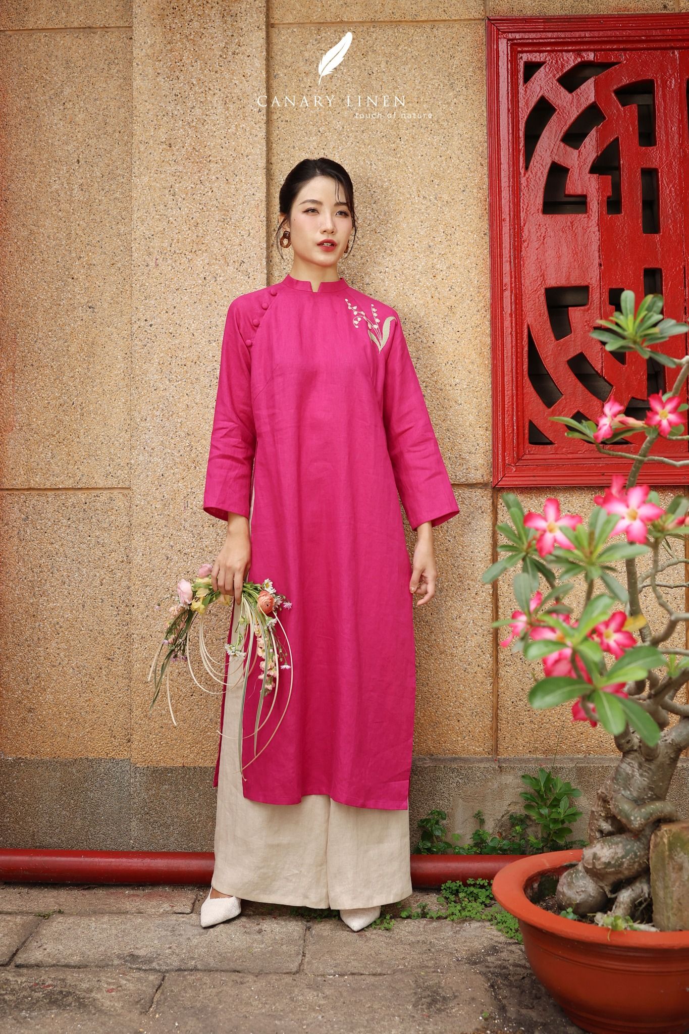  Áo dài cổ trụ - Hoa Linh Lan 