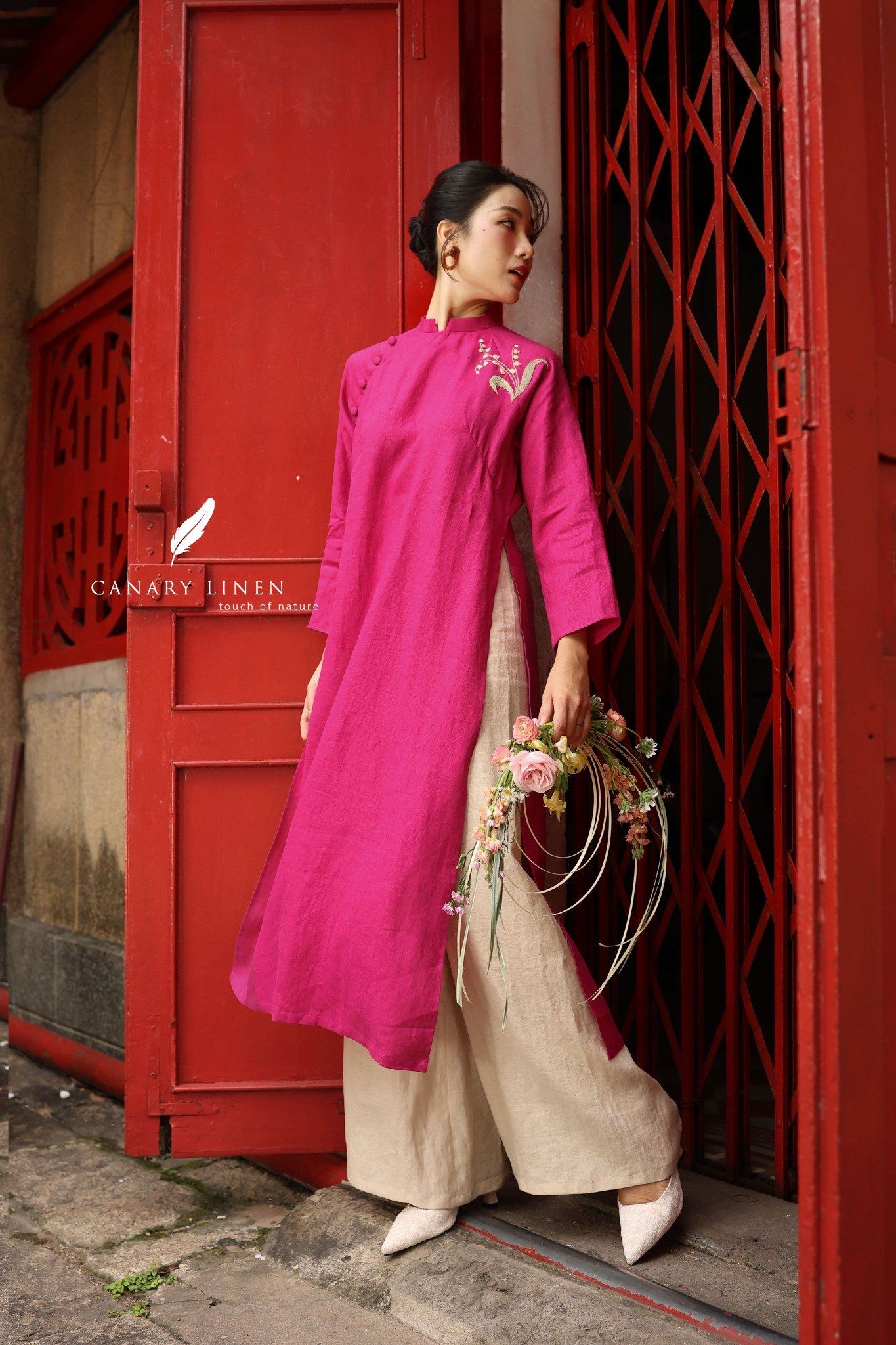  Áo dài cổ trụ - Hoa Linh Lan 