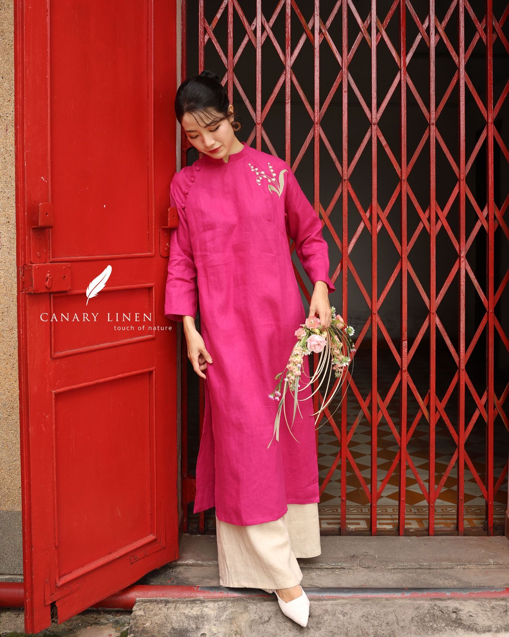  Áo dài cổ trụ - Hoa Linh Lan 