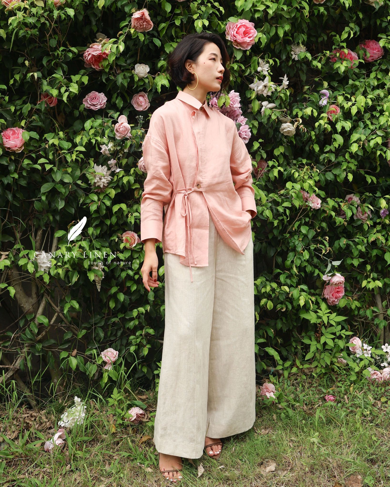  Áo sơ mi cột eo - Hồng cam 