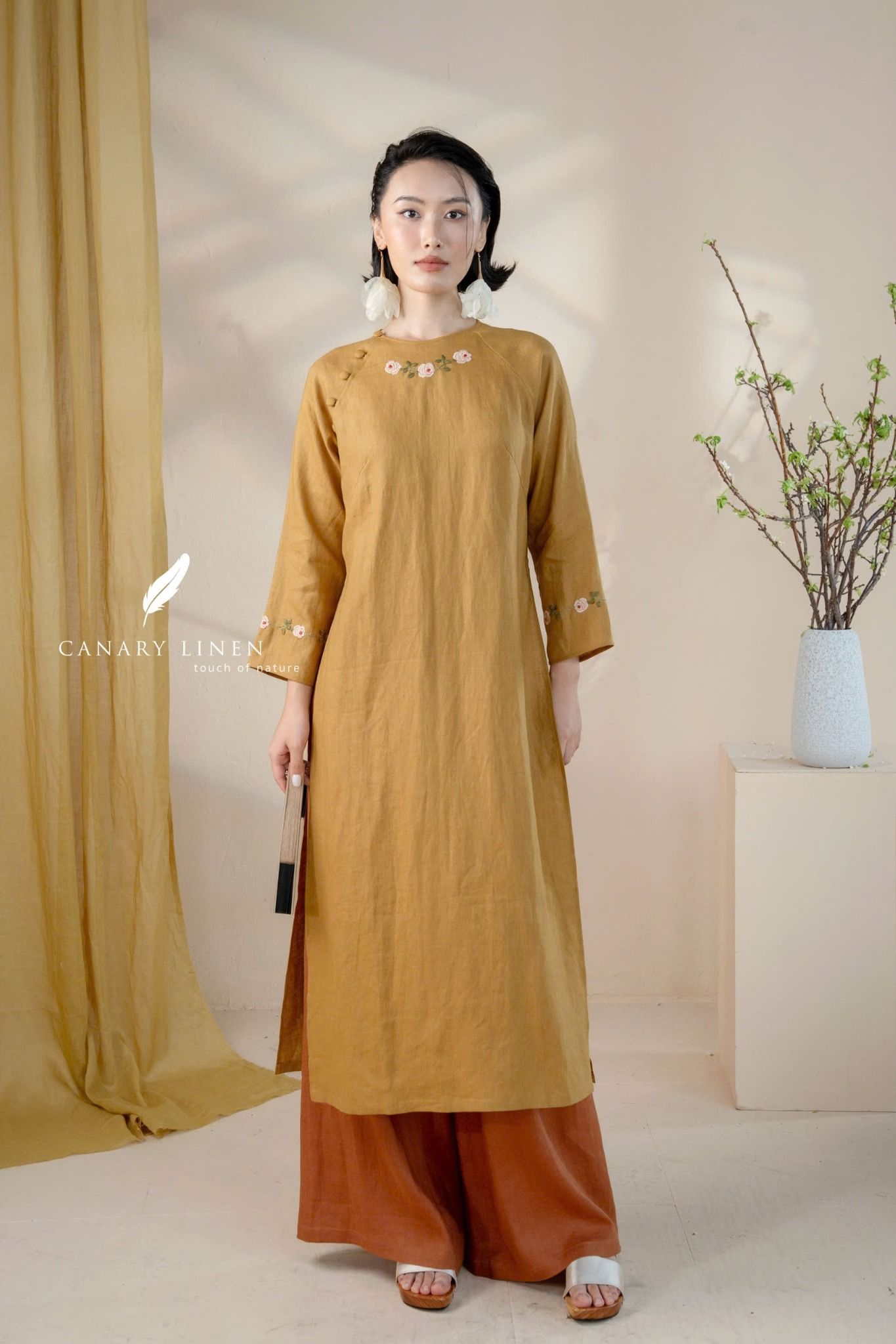  Áo dài cổ tròn - Hoa Hồng 