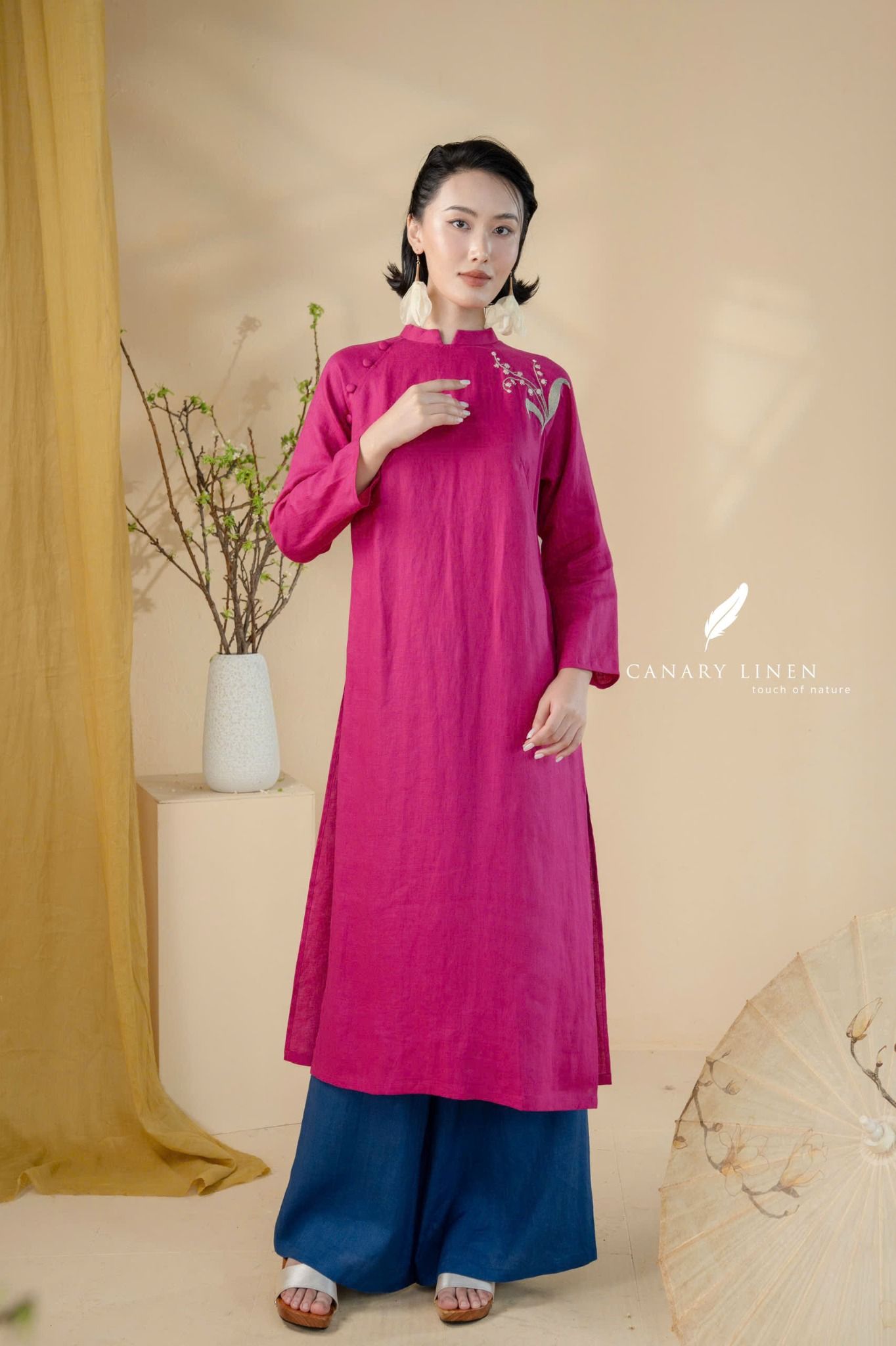  Áo dài cổ trụ - Hoa Linh Lan 