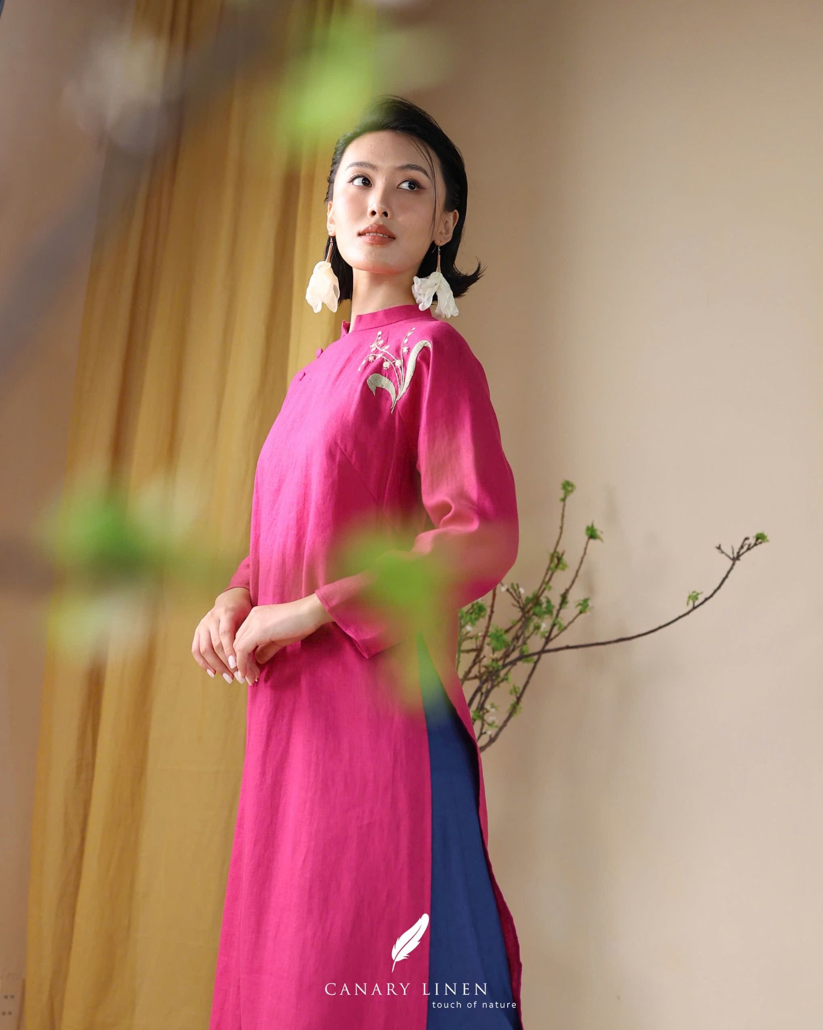  Áo dài cổ trụ - Hoa Linh Lan 