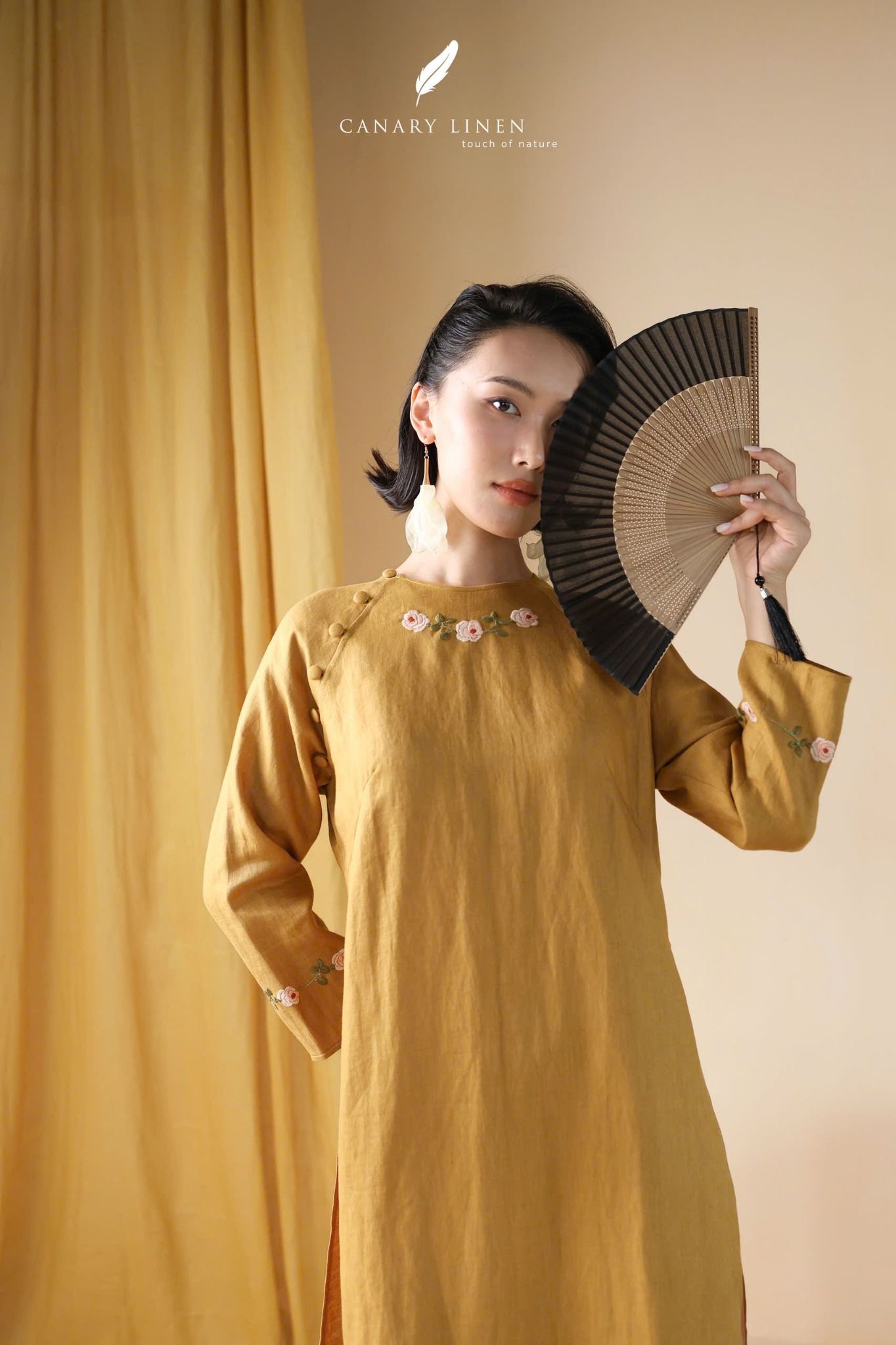  Áo dài cổ tròn - Hoa Hồng 