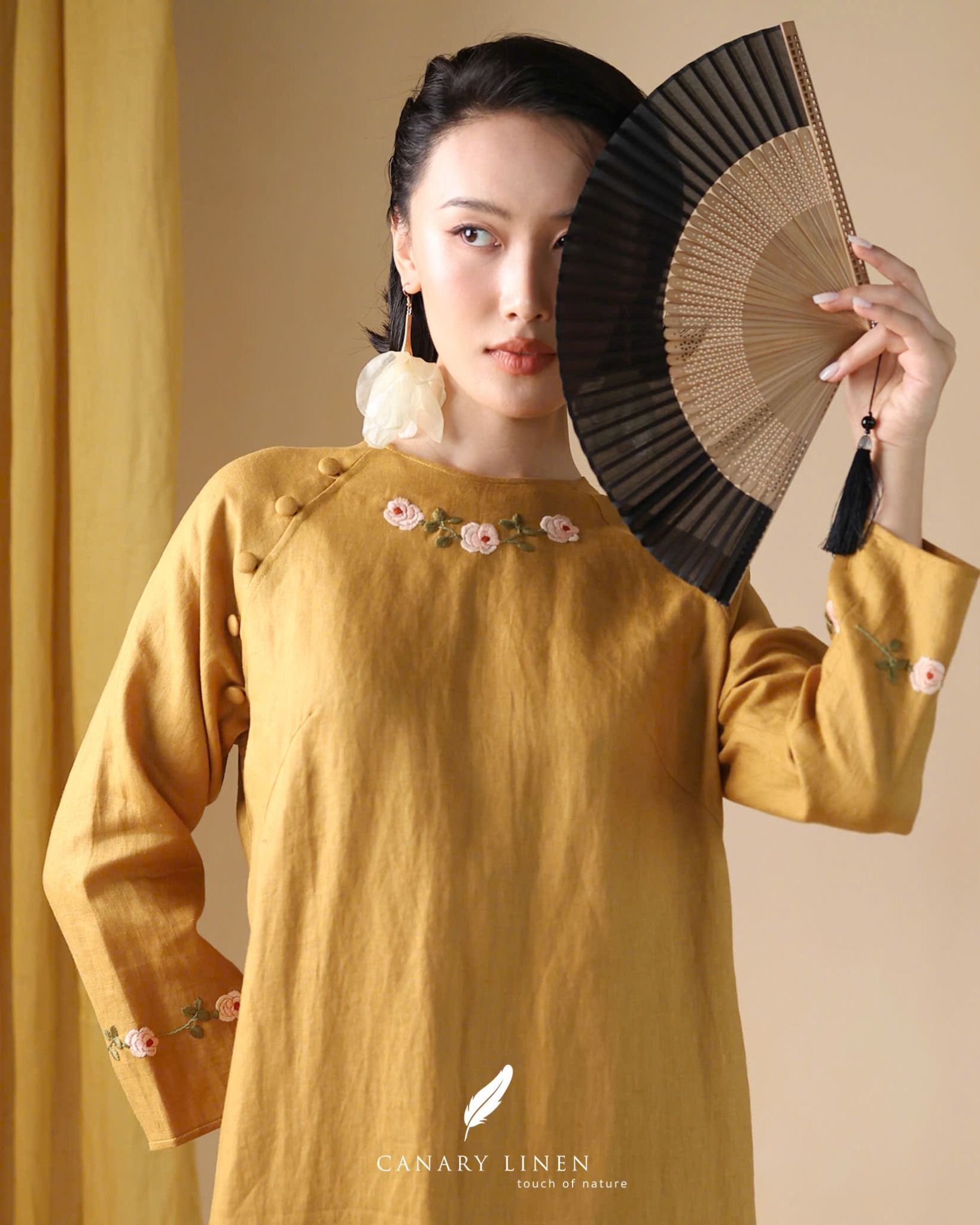  Áo dài cổ tròn - Hoa Hồng 