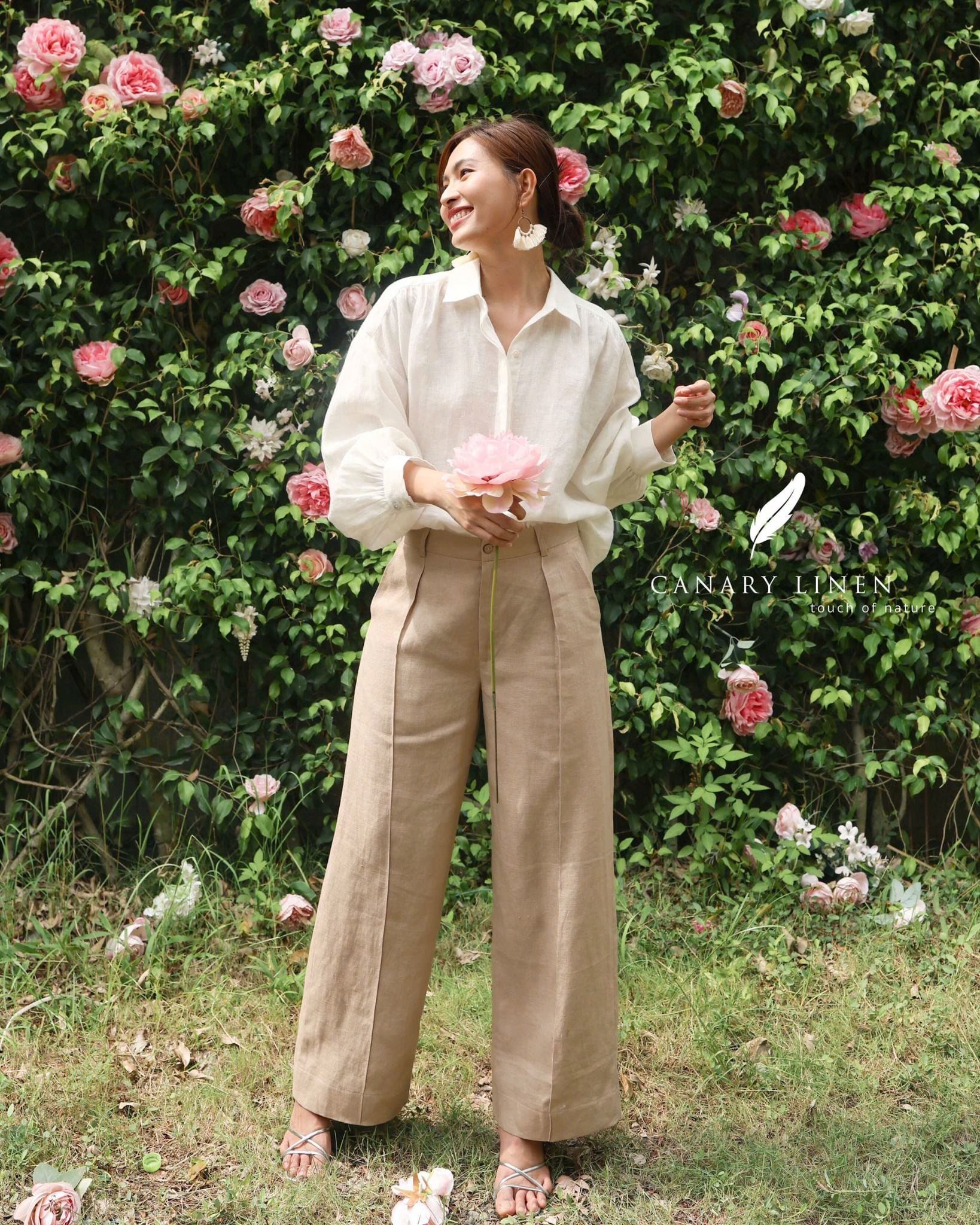  Quần ống suông gân giữa - Be nhạt 