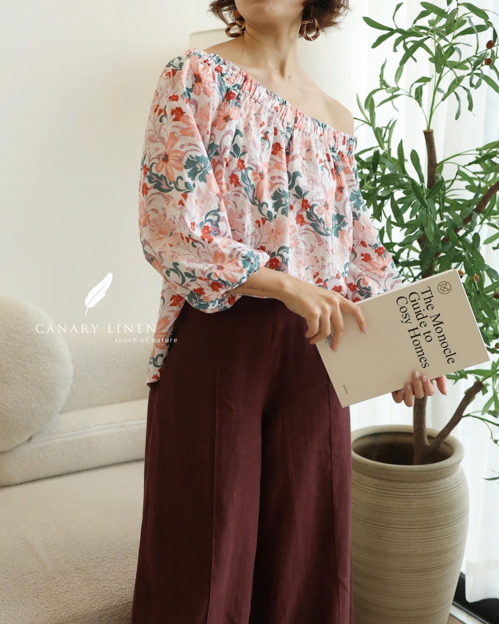 Áo trễ vai tay phồng - Hoa cam 5 cánh 
