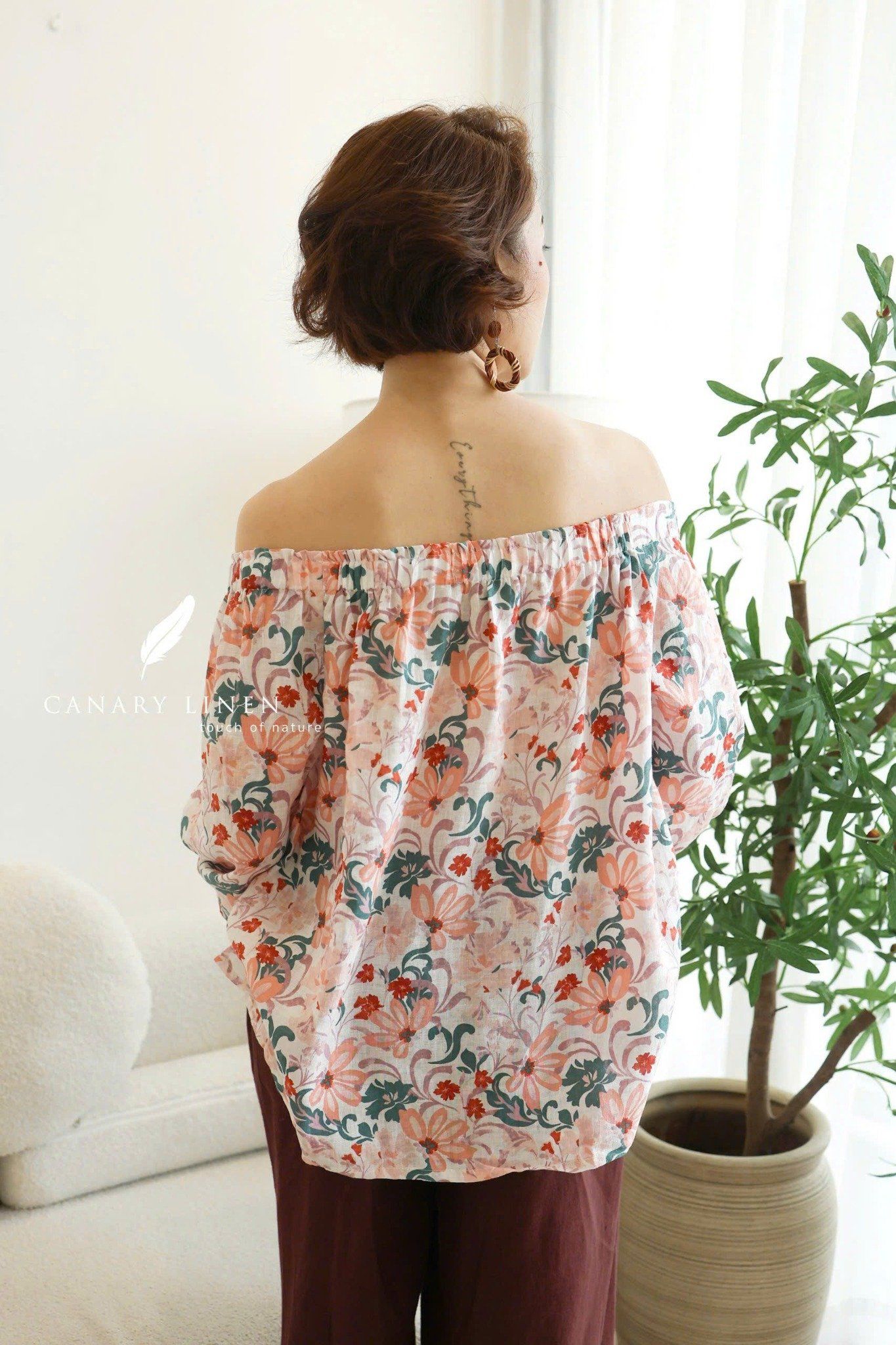  Áo trễ vai tay phồng - Hoa cam 5 cánh 