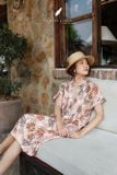 Đầm cổ nhật cột dây eo - Lá nâu tropical 