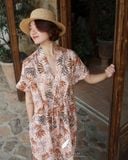  Đầm cổ nhật cột dây eo - Lá nâu tropical 