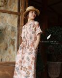  Đầm cổ nhật cột dây eo - Lá nâu tropical 