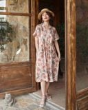  Đầm cổ nhật cột dây eo - Lá nâu tropical 